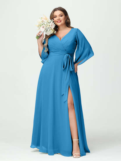 Plus Size Chiffon Bridesmaid Dress with Pockets - A-Line Princess V-Neck Long Sleeves & Side Split