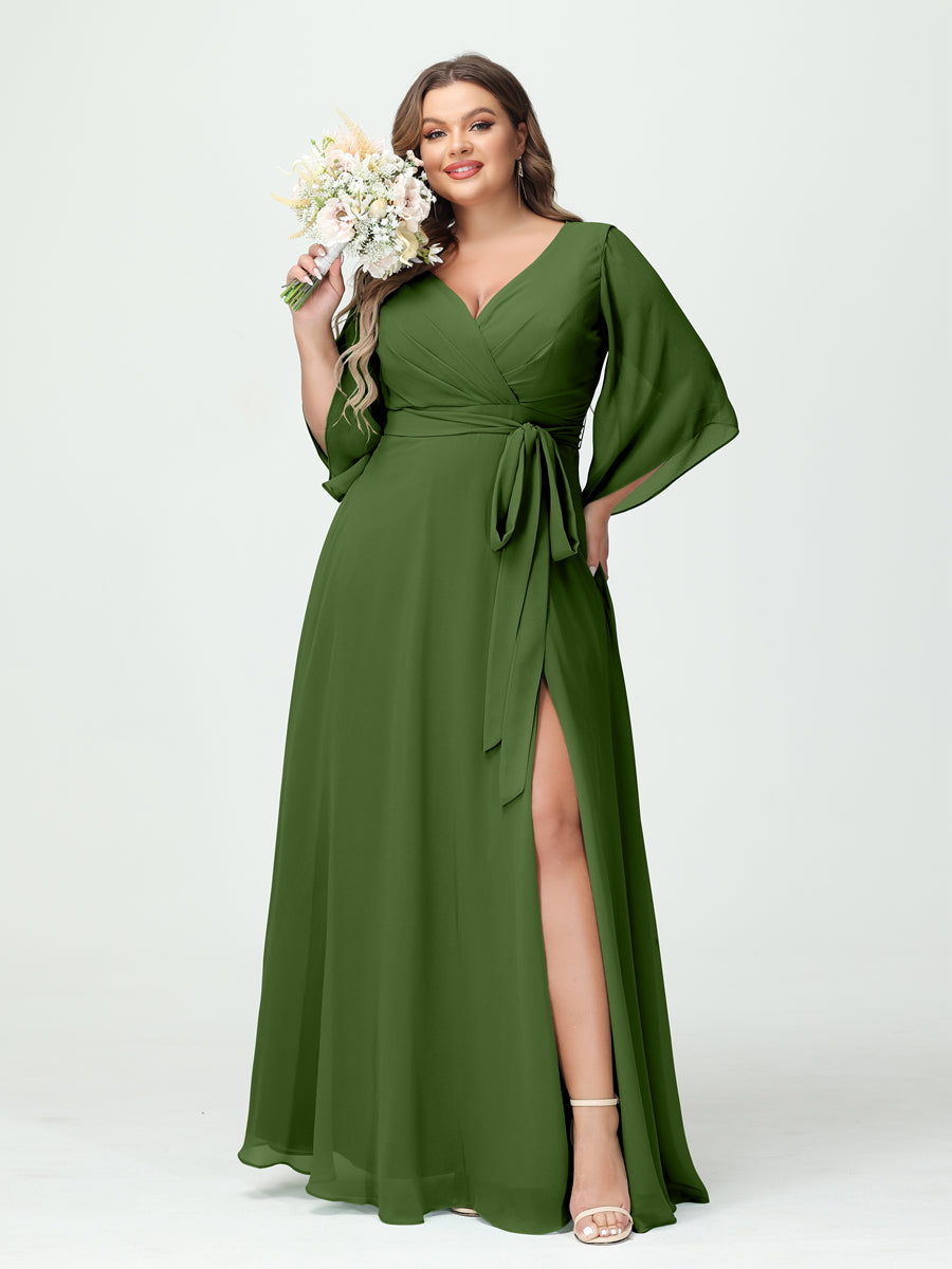 Plus Size Chiffon Bridesmaid Dress with Pockets - A-Line Princess V-Neck Long Sleeves & Side Split