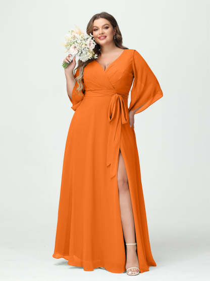 Plus Size Chiffon Bridesmaid Dress with Pockets - A-Line Princess V-Neck Long Sleeves & Side Split