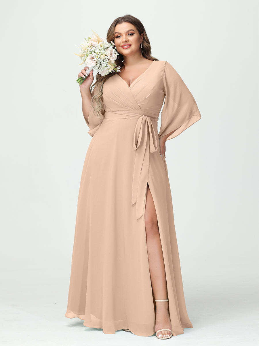 Plus Size Chiffon Bridesmaid Dress with Pockets - A-Line Princess V-Neck Long Sleeves & Side Split