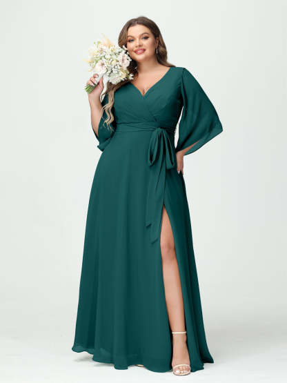 Plus Size Chiffon Bridesmaid Dress with Pockets - A-Line Princess V-Neck Long Sleeves & Side Split