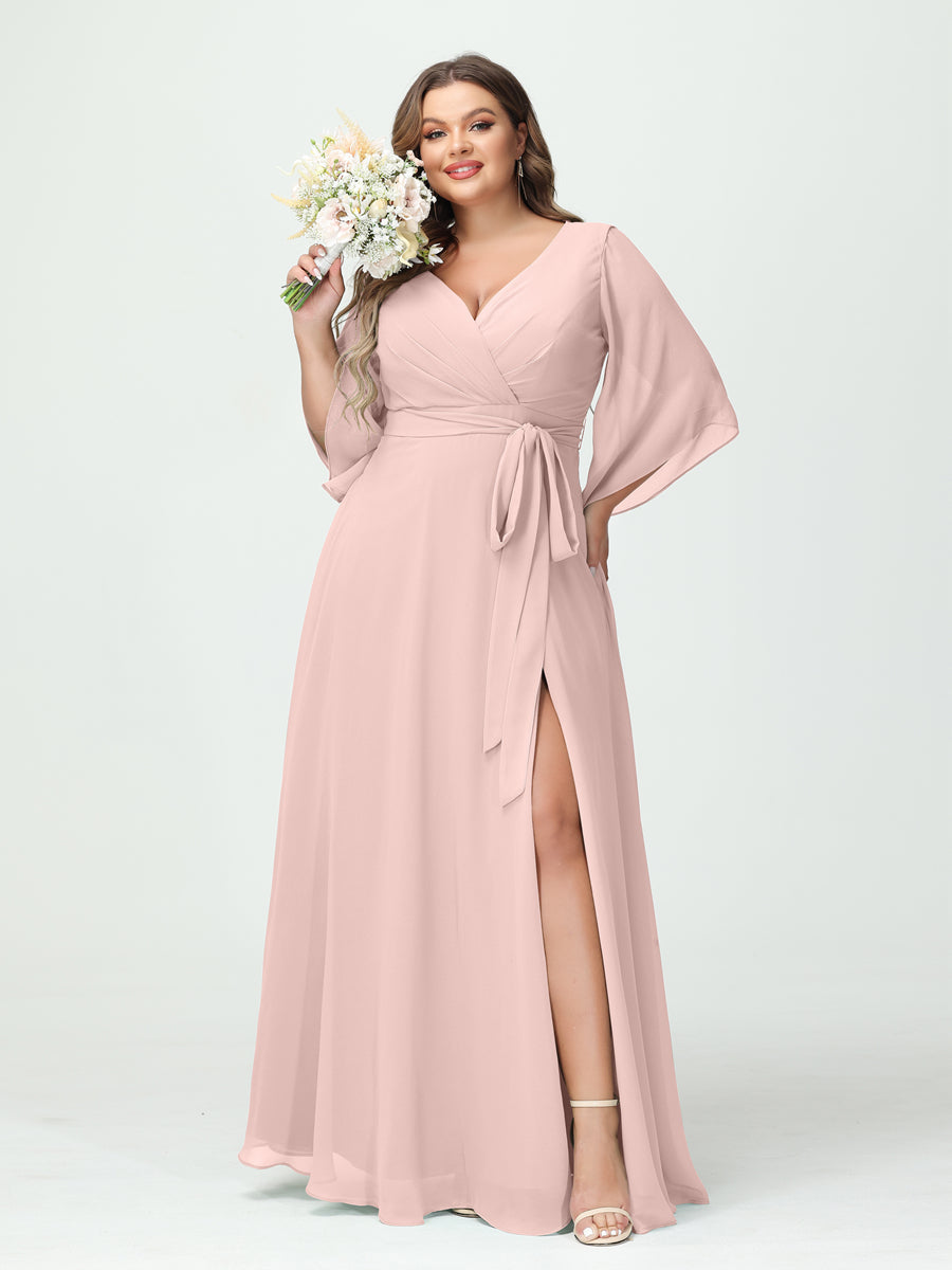Plus Size Chiffon Bridesmaid Dress with Pockets - A-Line Princess V-Neck Long Sleeves & Side Split