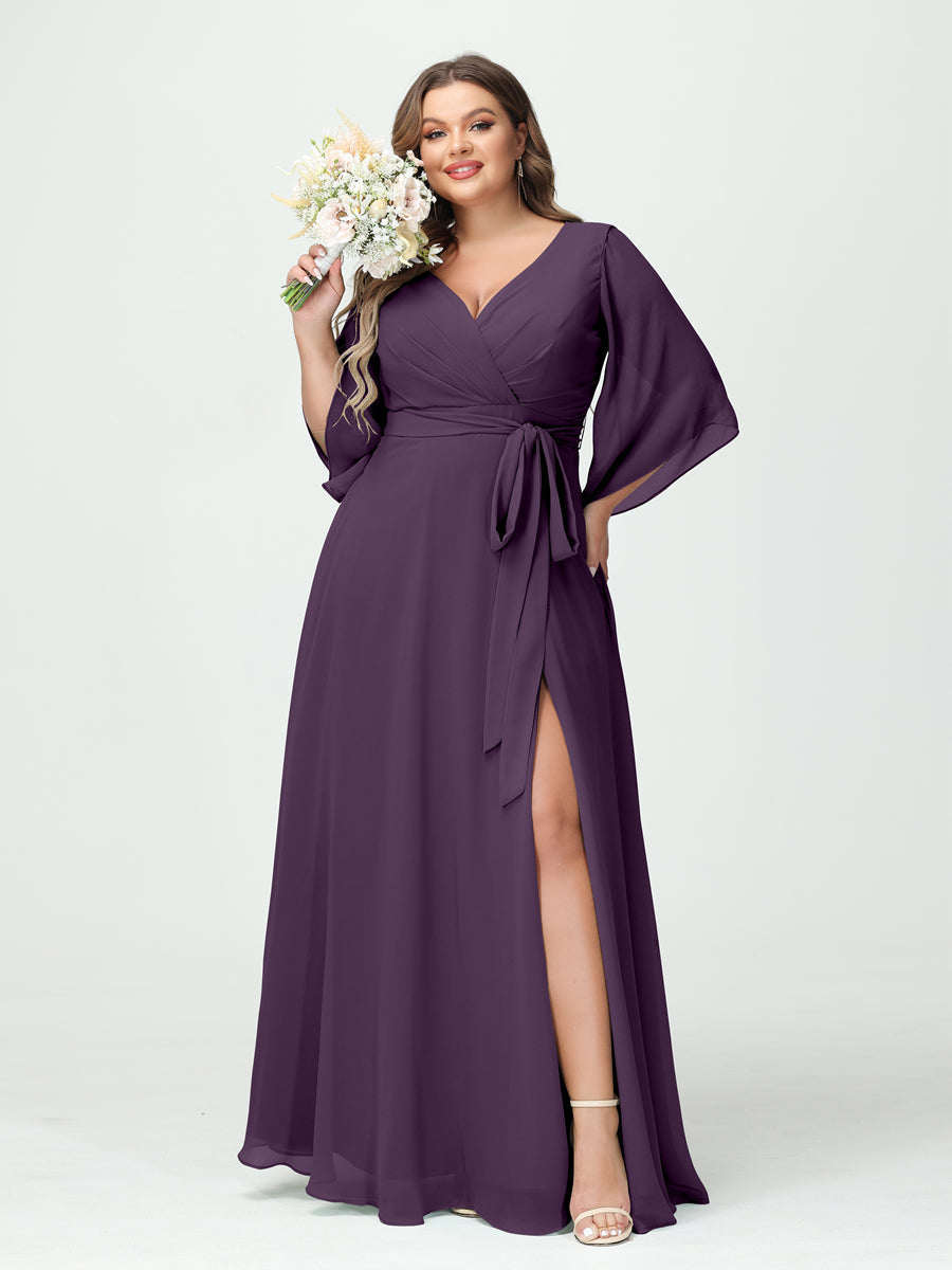 Plus Size Chiffon Bridesmaid Dress with Pockets - A-Line Princess V-Neck Long Sleeves & Side Split