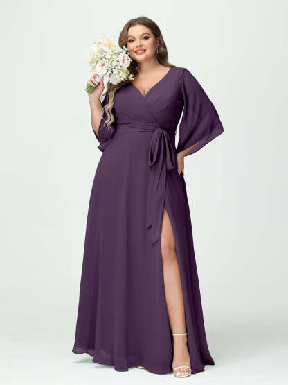 Plus Size Chiffon Bridesmaid Dress with Pockets - A-Line Princess V-Neck Long Sleeves & Side Split