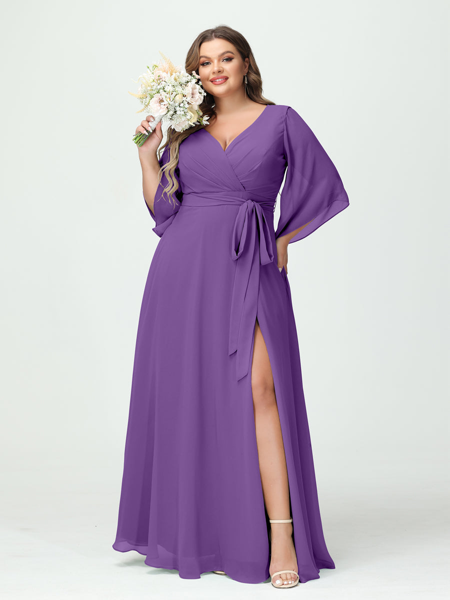 Plus Size Chiffon Bridesmaid Dress with Pockets - A-Line Princess V-Neck Long Sleeves & Side Split