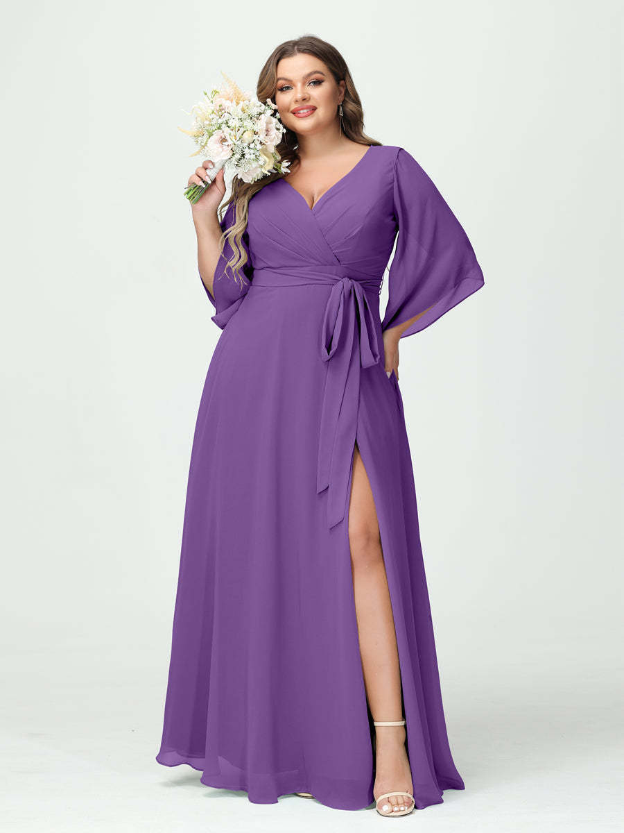 Plus Size Chiffon Bridesmaid Dress with Pockets - A-Line Princess V-Neck Long Sleeves & Side Split