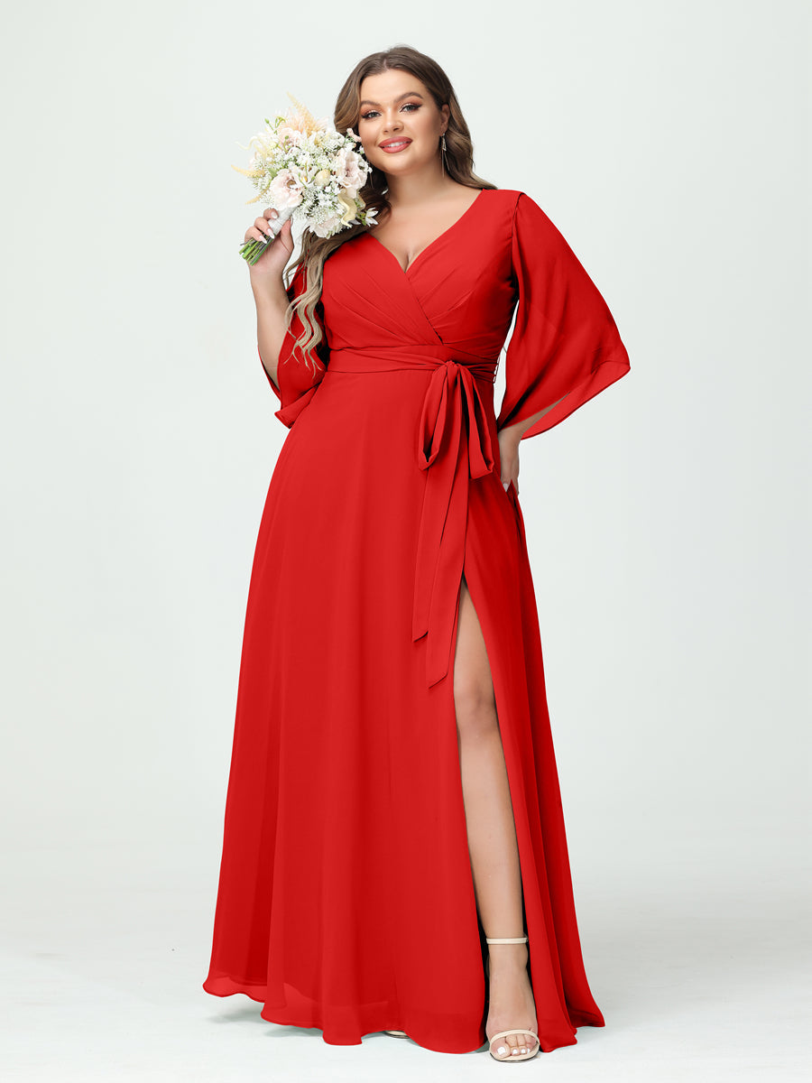 Plus Size Chiffon Bridesmaid Dress with Pockets - A-Line Princess V-Neck Long Sleeves & Side Split