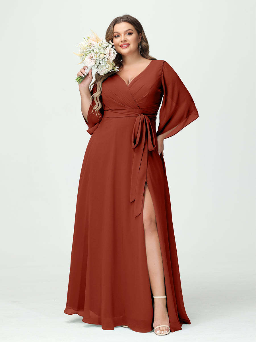 Plus Size Chiffon Bridesmaid Dress with Pockets - A-Line Princess V-Neck Long Sleeves & Side Split