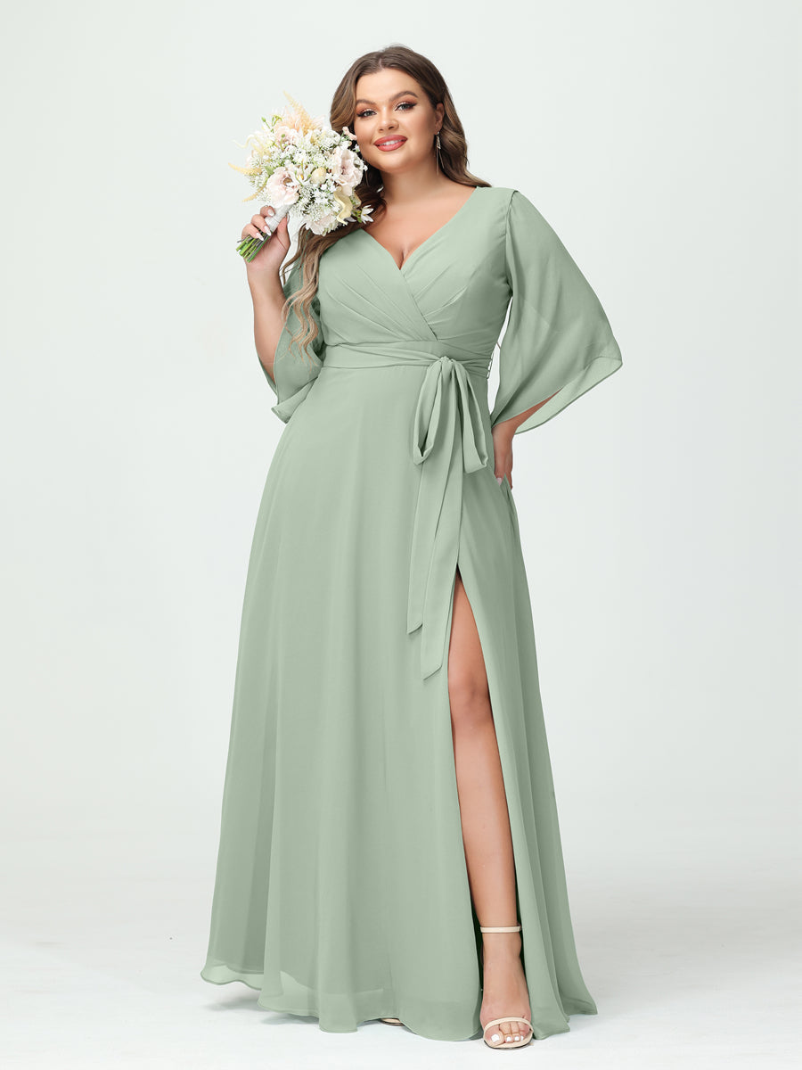 Plus Size Chiffon Bridesmaid Dress with Pockets - A-Line Princess V-Neck Long Sleeves & Side Split