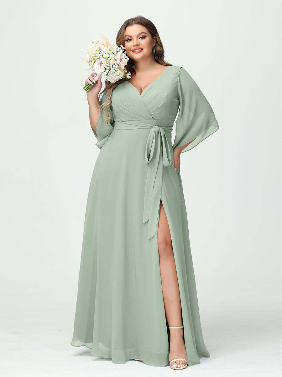 Plus Size Chiffon Bridesmaid Dress with Pockets - A-Line Princess V-Neck Long Sleeves & Side Split