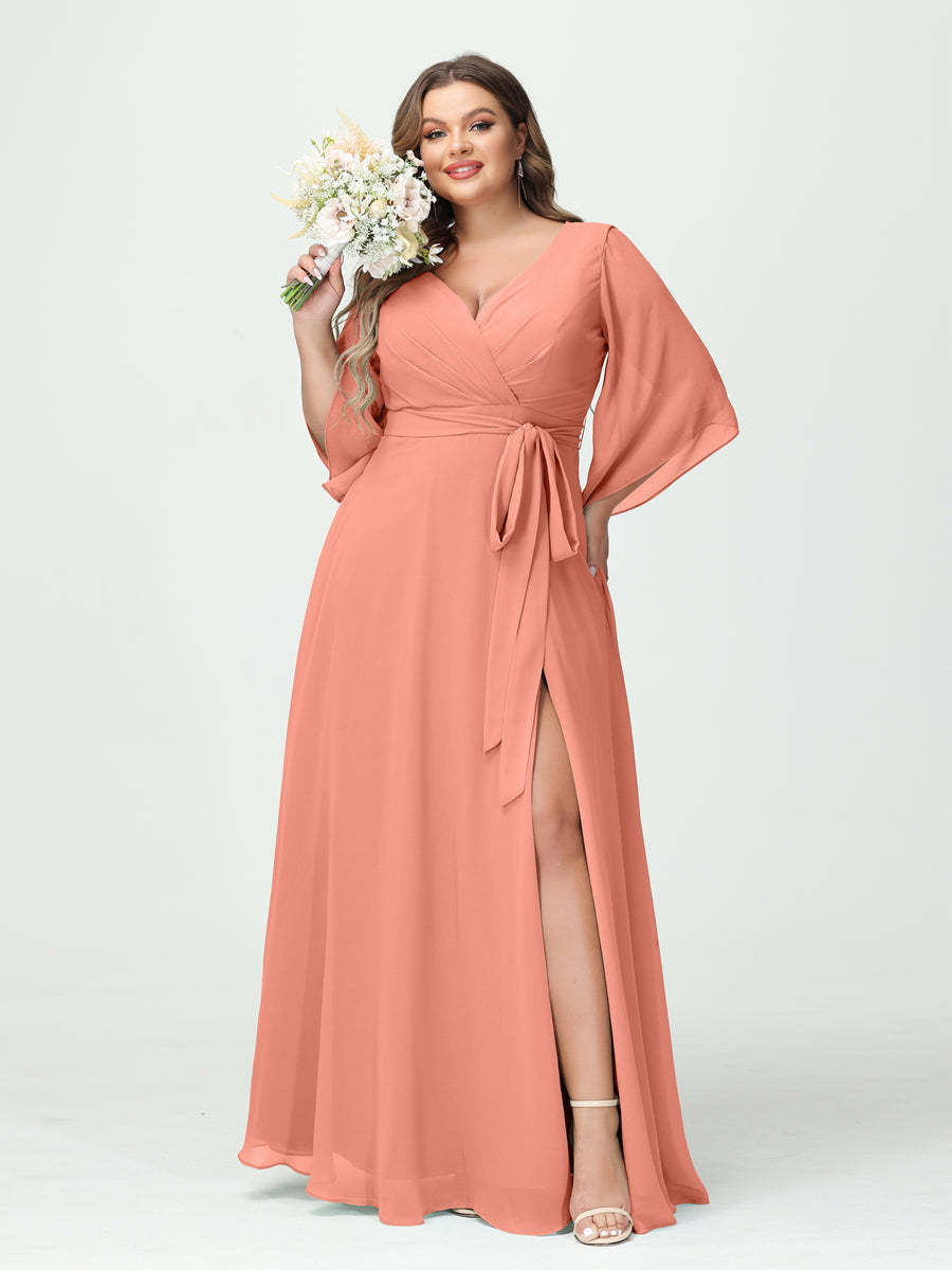 Plus Size Chiffon Bridesmaid Dress with Pockets - A-Line Princess V-Neck Long Sleeves & Side Split