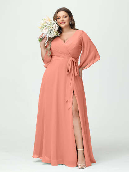 Plus Size Chiffon Bridesmaid Dress with Pockets - A-Line Princess V-Neck Long Sleeves & Side Split