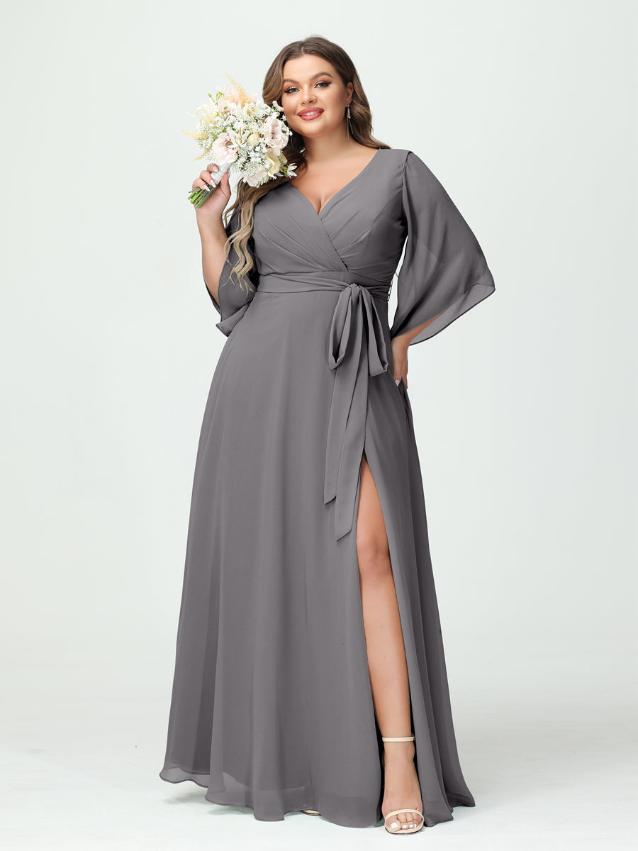 Plus Size Chiffon Bridesmaid Dress with Pockets - A-Line Princess V-Neck Long Sleeves & Side Split