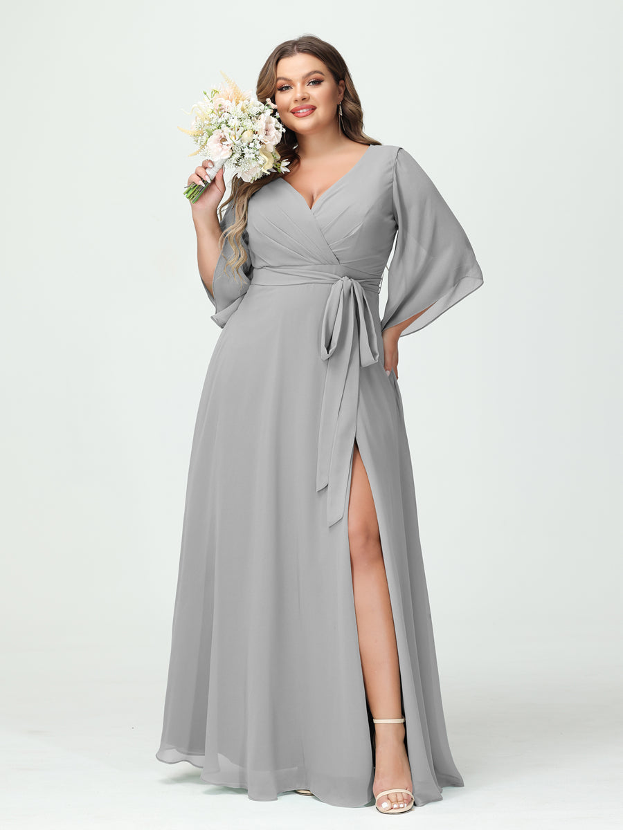 Plus Size Chiffon Bridesmaid Dress with Pockets - A-Line Princess V-Neck Long Sleeves & Side Split