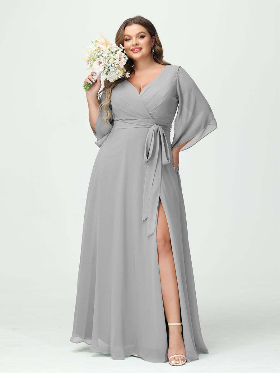 Plus Size Chiffon Bridesmaid Dress with Pockets - A-Line Princess V-Neck Long Sleeves & Side Split