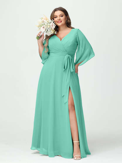Plus Size Chiffon Bridesmaid Dress with Pockets - A-Line Princess V-Neck Long Sleeves & Side Split