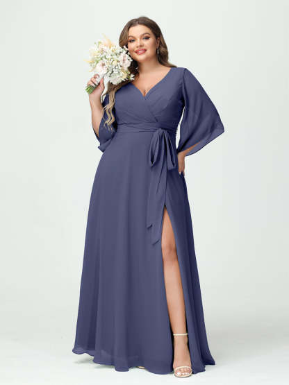 Plus Size Chiffon Bridesmaid Dress with Pockets - A-Line Princess V-Neck Long Sleeves & Side Split