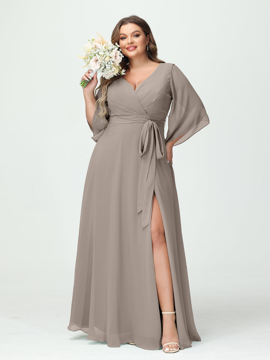 Plus Size Chiffon Bridesmaid Dress with Pockets - A-Line Princess V-Neck Long Sleeves & Side Split