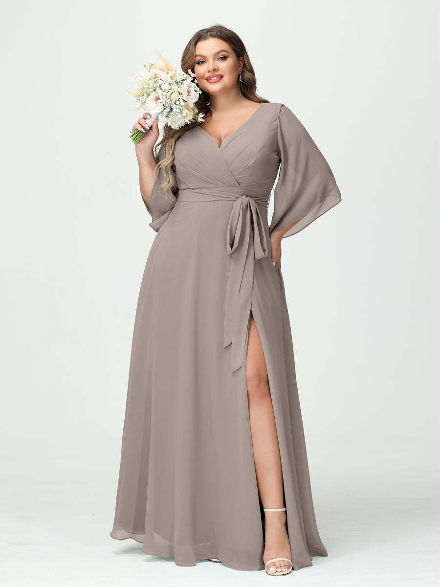 Plus Size Chiffon Bridesmaid Dress with Pockets - A-Line Princess V-Neck Long Sleeves & Side Split