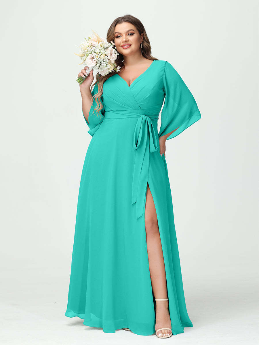 Plus Size Chiffon Bridesmaid Dress with Pockets - A-Line Princess V-Neck Long Sleeves & Side Split