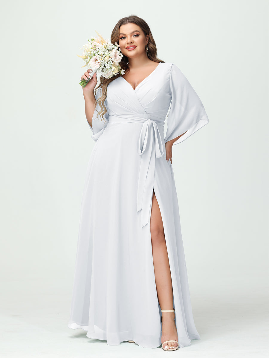 Plus Size Chiffon Bridesmaid Dress with Pockets - A-Line Princess V-Neck Long Sleeves & Side Split