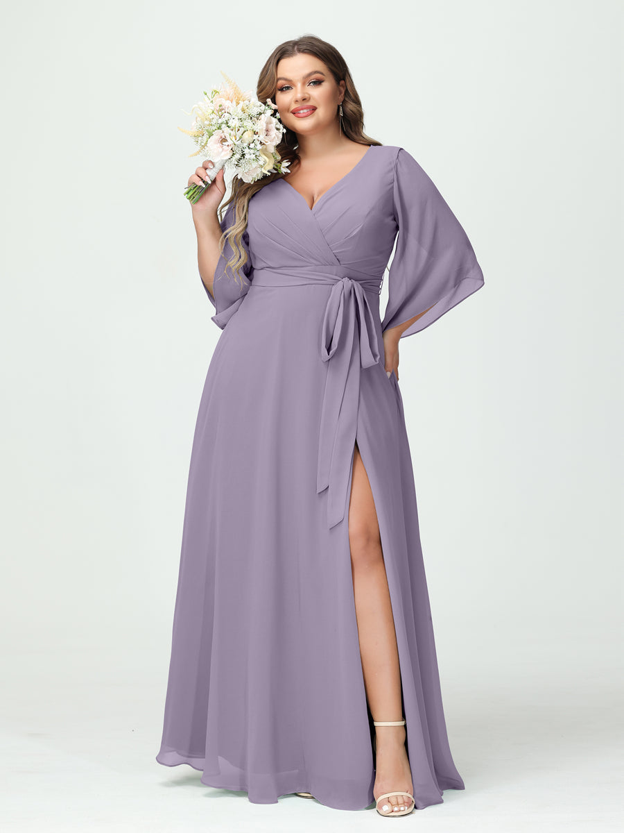 Plus Size Chiffon Bridesmaid Dress with Pockets - A-Line Princess V-Neck Long Sleeves & Side Split