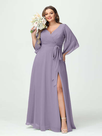 Plus Size Chiffon Bridesmaid Dress with Pockets - A-Line Princess V-Neck Long Sleeves & Side Split