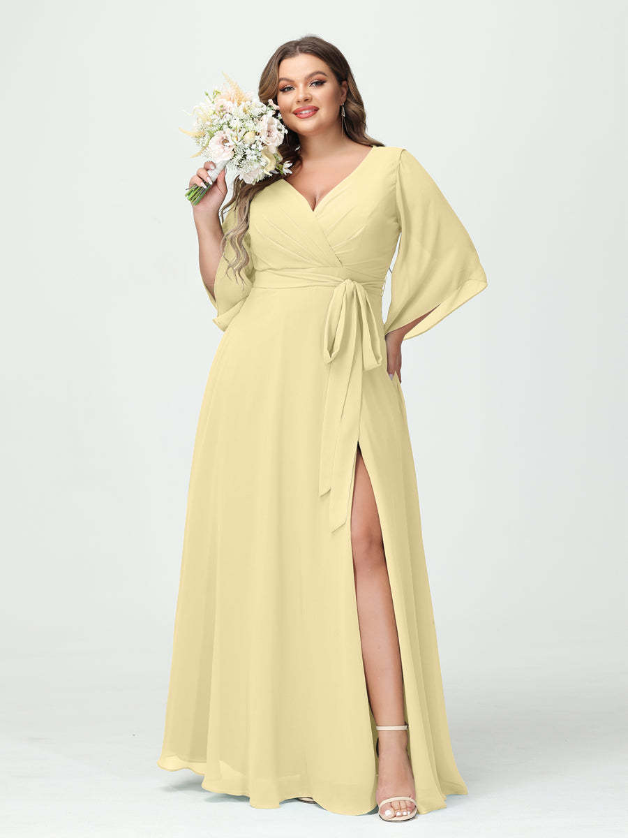 Plus Size Chiffon Bridesmaid Dress with Pockets - A-Line Princess V-Neck Long Sleeves & Side Split