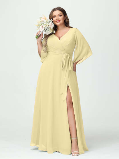 Plus Size Chiffon Bridesmaid Dress with Pockets - A-Line Princess V-Neck Long Sleeves & Side Split