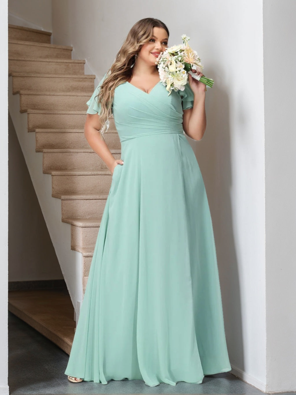 Plus Size Chiffon Bridesmaid Dress with Pockets and Side Split - A-Line Princess V-Neck Short Sleeves-BMbridal.UK
