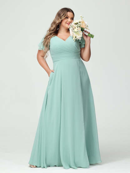 Plus Size Chiffon Bridesmaid Dress with Pockets and Side Split - A-Line Princess V-Neck Short Sleeves-BMbridal.UK