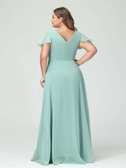 Plus Size Chiffon Bridesmaid Dress with Pockets and Side Split - A-Line Princess V-Neck Short Sleeves-BMbridal.UK