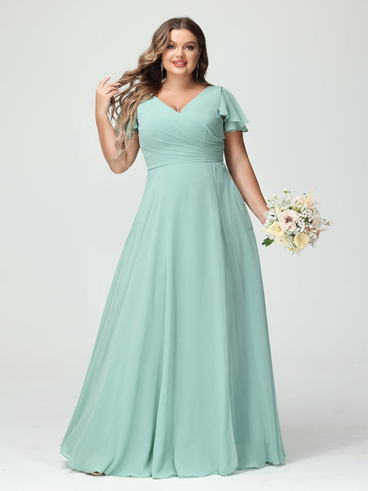 Plus Size Chiffon Bridesmaid Dress with Pockets and Side Split - A-Line Princess V-Neck Short Sleeves-BMbridal.UK