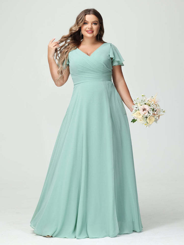 Plus Size Chiffon Bridesmaid Dress with Pockets and Side Split - A-Line Princess V-Neck Short Sleeves-BMbridal.UK