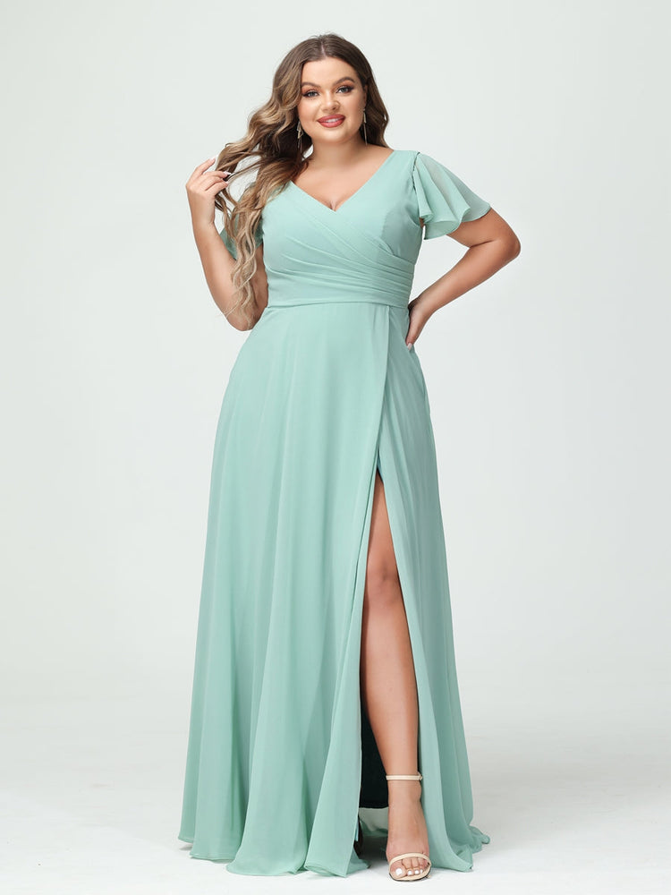 Plus Size Chiffon Bridesmaid Dress with Pockets and Side Split - A-Line Princess V-Neck Short Sleeves-BMbridal.UK