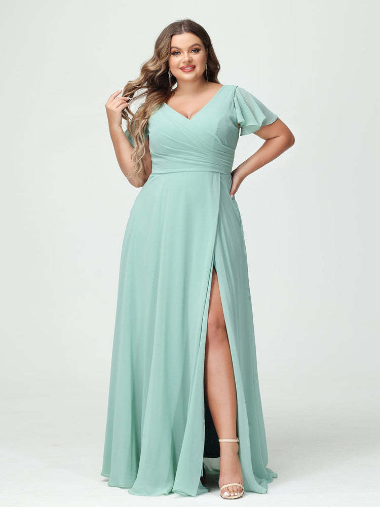 Plus Size Chiffon Bridesmaid Dress with Pockets and Side Split - A-Line Princess V-Neck Short Sleeves-BMbridal.UK