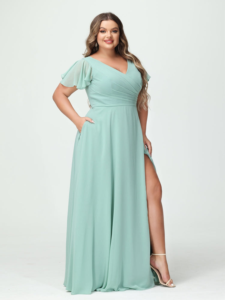 Plus Size Chiffon Bridesmaid Dress with Pockets and Side Split - A-Line Princess V-Neck Short Sleeves-BMbridal.UK