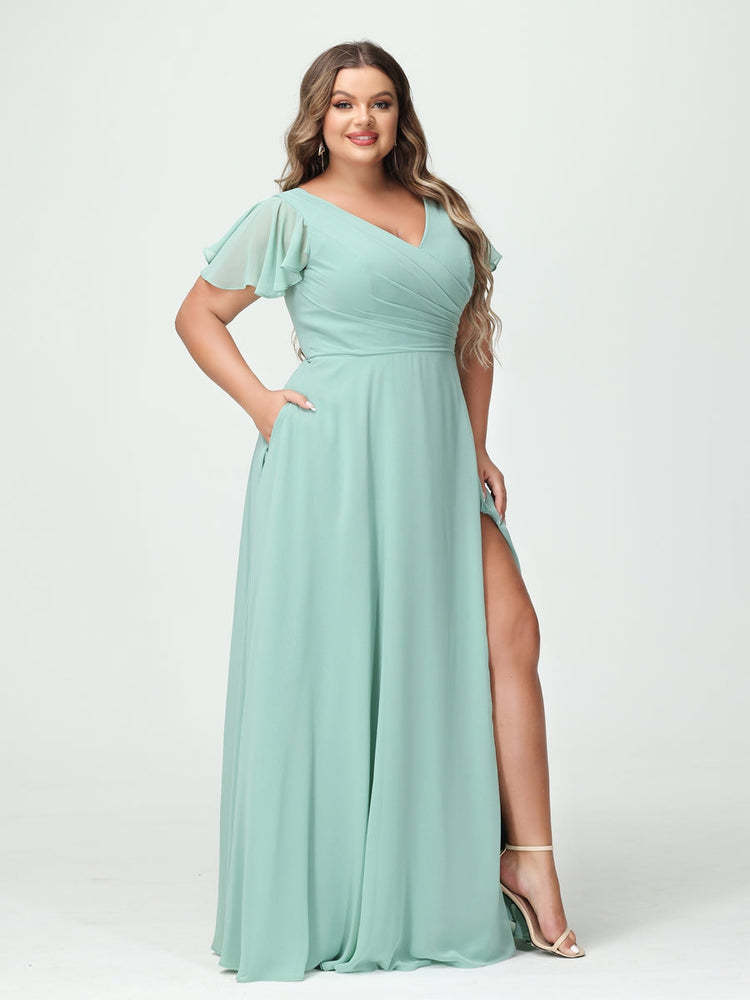 Plus Size Chiffon Bridesmaid Dress with Pockets and Side Split - A-Line Princess V-Neck Short Sleeves-BMbridal.UK