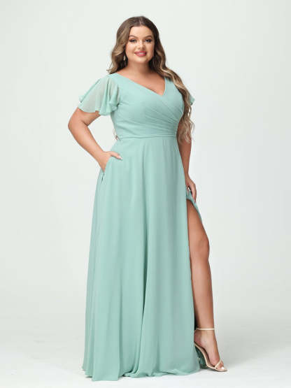 Plus Size Chiffon Bridesmaid Dress with Pockets and Side Split - A-Line Princess V-Neck Short Sleeves-BMbridal.UK