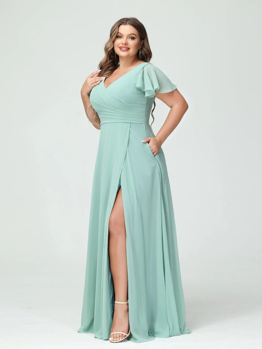 Plus Size Chiffon Bridesmaid Dress with Pockets and Side Split - A-Line Princess V-Neck Short Sleeves-BMbridal.UK