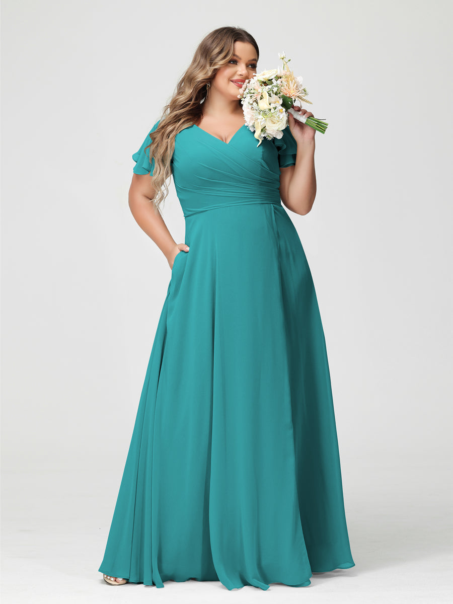 Plus Size Chiffon Bridesmaid Dress with Pockets and Side Split - A-Line Princess V-Neck Short Sleeves-BMbridal.UK