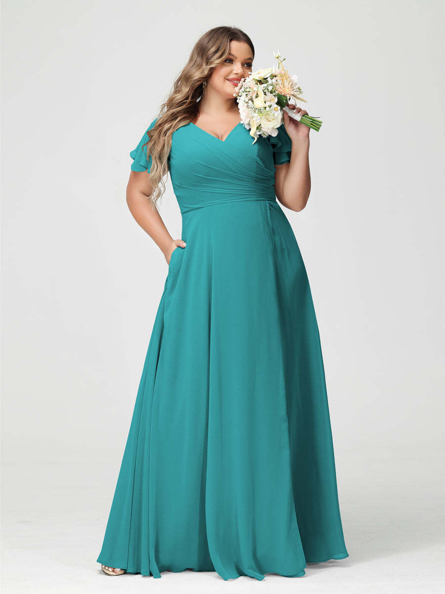 Plus Size Chiffon Bridesmaid Dress with Pockets and Side Split - A-Line Princess V-Neck Short Sleeves-BMbridal.UK