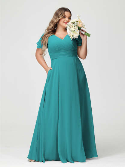 Plus Size Chiffon Bridesmaid Dress with Pockets and Side Split - A-Line Princess V-Neck Short Sleeves-BMbridal.UK