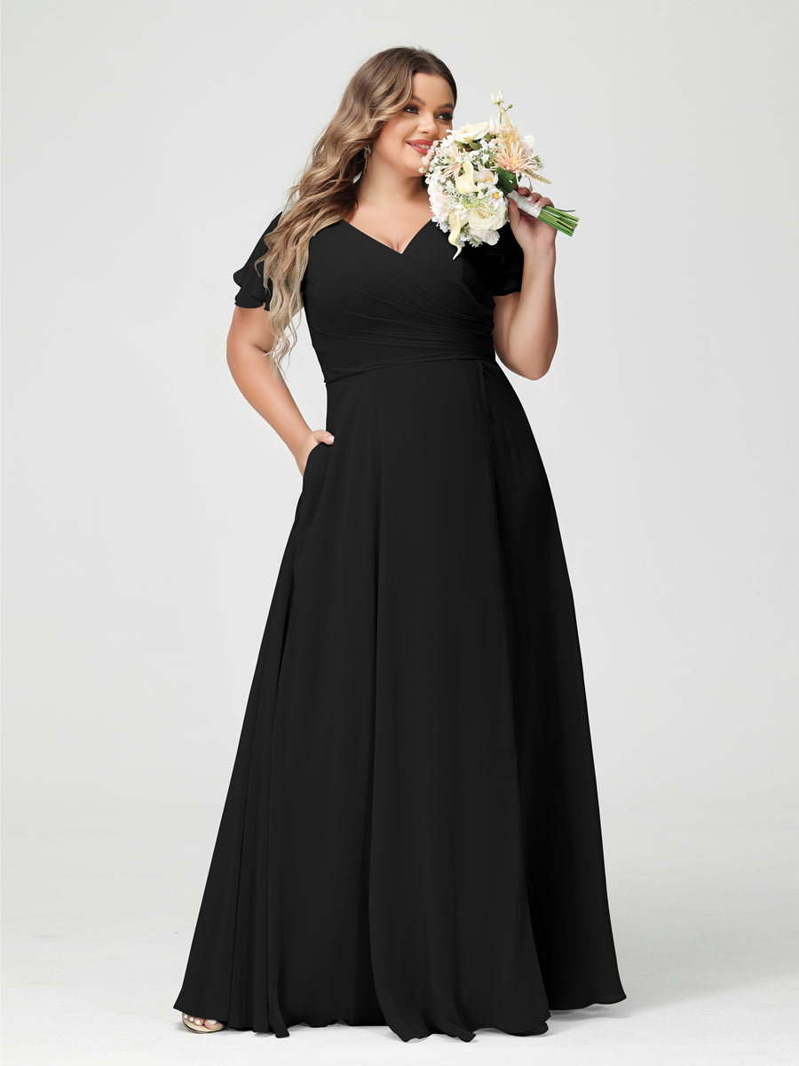 Plus Size Chiffon Bridesmaid Dress with Pockets and Side Split - A-Line Princess V-Neck Short Sleeves-BMbridal.UK