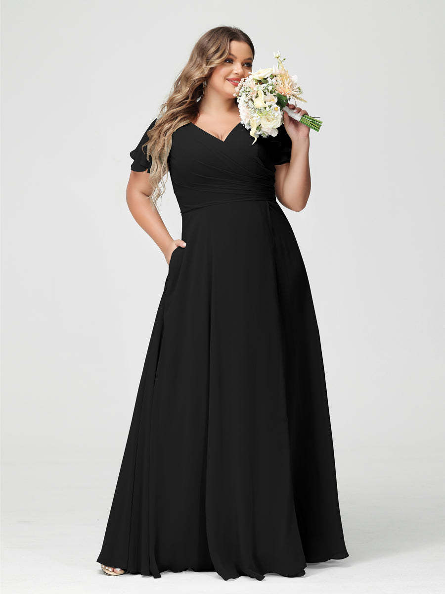 Plus Size Chiffon Bridesmaid Dress with Pockets and Side Split - A-Line Princess V-Neck Short Sleeves-BMbridal.UK