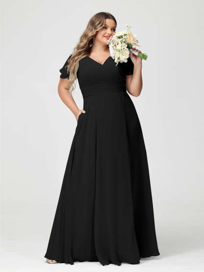 Plus Size Chiffon Bridesmaid Dress with Pockets and Side Split - A-Line Princess V-Neck Short Sleeves-BMbridal.UK