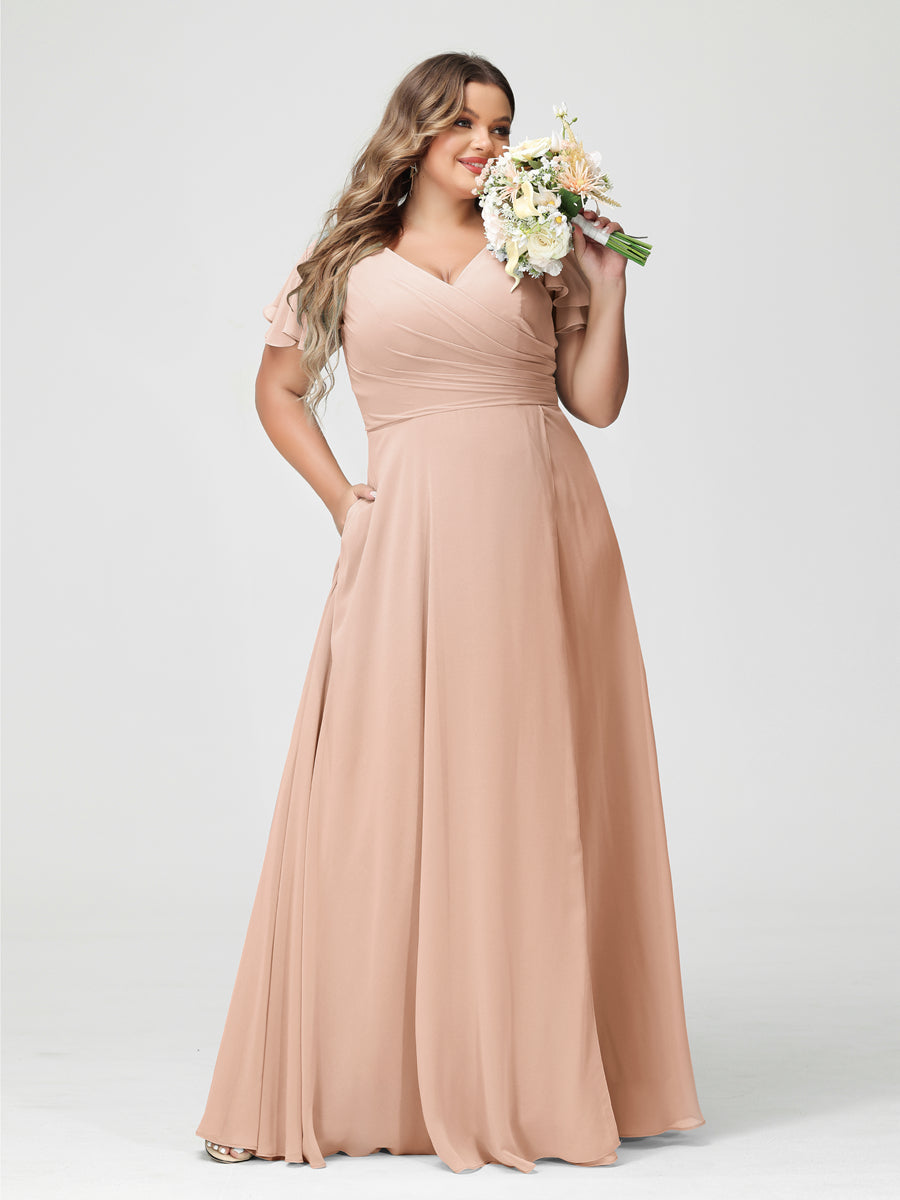 Plus Size Chiffon Bridesmaid Dress with Pockets and Side Split - A-Line Princess V-Neck Short Sleeves-BMbridal.UK