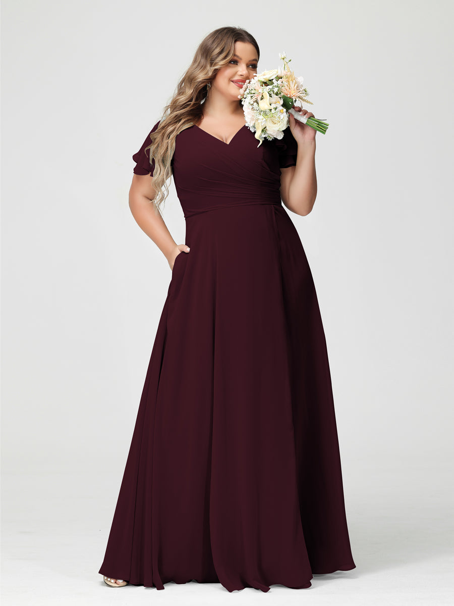 Plus Size Chiffon Bridesmaid Dress with Pockets and Side Split - A-Line Princess V-Neck Short Sleeves-BMbridal.UK