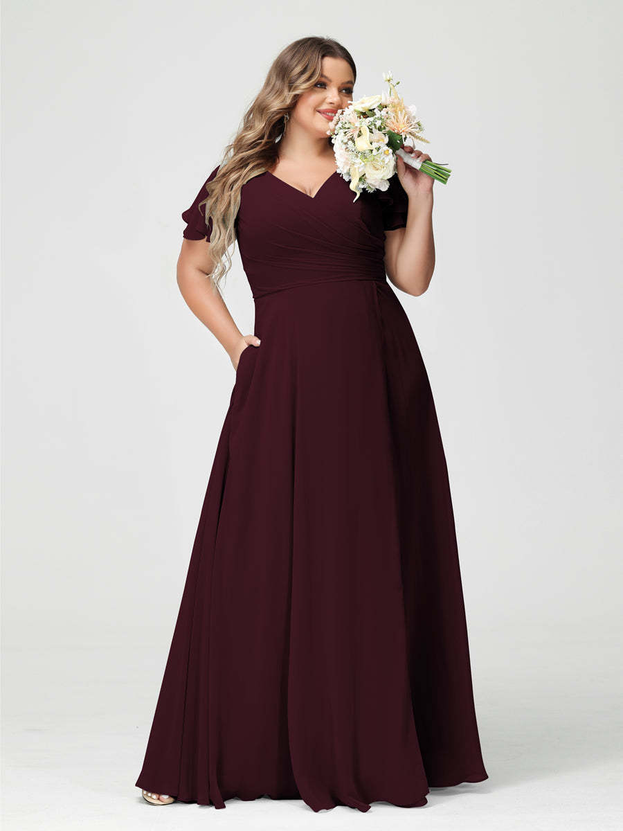 Plus Size Chiffon Bridesmaid Dress with Pockets and Side Split - A-Line Princess V-Neck Short Sleeves-BMbridal.UK