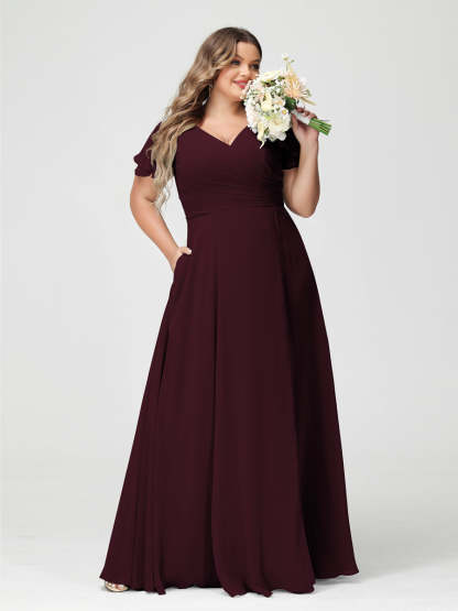 Plus Size Chiffon Bridesmaid Dress with Pockets and Side Split - A-Line Princess V-Neck Short Sleeves-BMbridal.UK